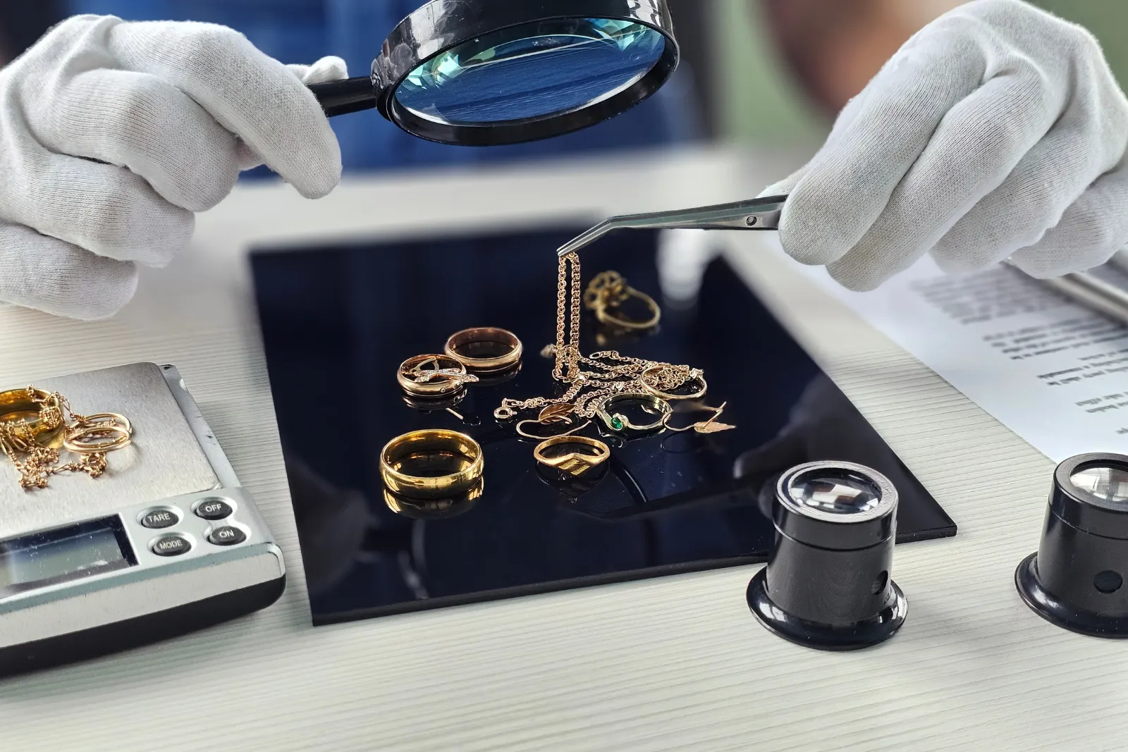 examining craftsmanship of gold jewelry