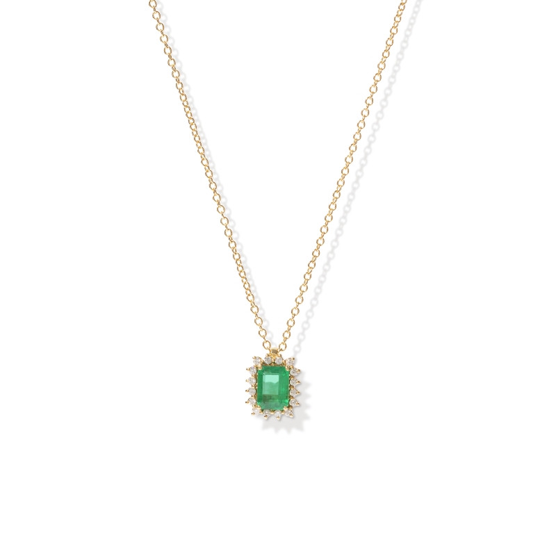 Emerald Pendant with Diamond Halo